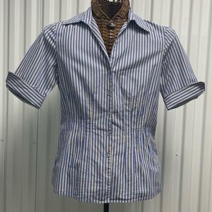 Lafayette 148 New York blue and yellow button up striped blouse top size 6